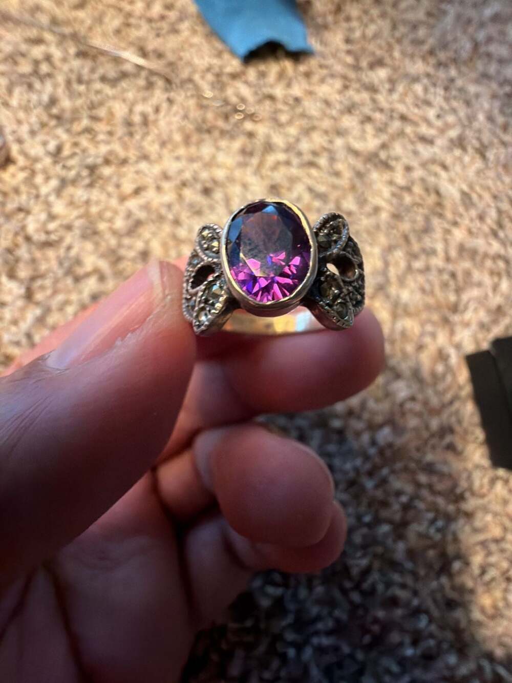 925 Sterling Silver Marcasite and Oval Purple Stone Cocktail Ring